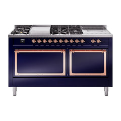 ILVE Nostalgie II Noblesse 60 inch Dual Fuel Range 7 Sealed Burners + Griddle + French Top Solid Door - UN60FSQNMP
