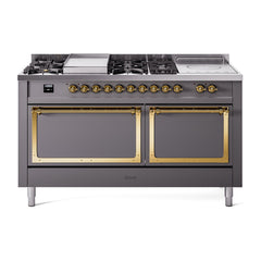 ILVE Nostalgie II Noblesse 60 inch Dual Fuel Range 7 Sealed Burners + Griddle + French Top Solid Door - UN60FSQNMP