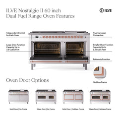 ILVE Nostalgie II Noblesse 60 inch Dual Fuel Range 7 Sealed Burners + Griddle + French Top Solid Door - UN60FSQNMP