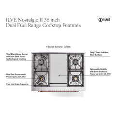 ILVE Nostalgie II 36" Dual Fuel Range with 6 Burners and Griddle Solid Door - UP36FQNMP