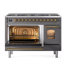 ILVE Nostalgie II 48 inch Dual Fuel Range with 8 Total Black Brass Sealed Burners, Brass Trim (Limited Edition) - UP488NMP