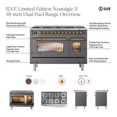 ILVE Nostalgie II 48 inch Dual Fuel Range with 8 Total Black Brass Sealed Burners, Brass Trim (Limited Edition) - UP488NMP