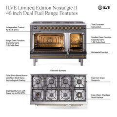 ILVE Nostalgie II 48 inch Dual Fuel Range with 8 Total Black Brass Sealed Burners, Brass Trim (Limited Edition) - UP488NMP