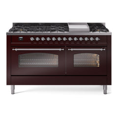 ILVE Nostalgie II 60 Inch Dual Fuel Range – 9 Sealed Burners & Griddle Triple Glass Door - UP60FNMP