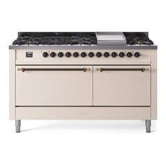 ILVE Nostalgie II 60 Inch Dual Fuel Range 9 Sealed Burners + Griddle, Solid Door - UP60FQNMP