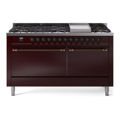 ILVE Nostalgie II 60 Inch Dual Fuel Range 9 Sealed Burners + Griddle, Solid Door - UP60FQNMP