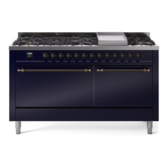 ILVE Nostalgie II 60 Inch Dual Fuel Range 9 Sealed Burners + Griddle, Solid Door - UP60FQNMP