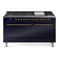 ILVE Nostalgie II 60 Inch Dual Fuel Range 9 Sealed Burners + Griddle, Solid Door - UP60FQNMP