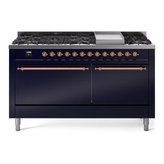 ILVE Nostalgie II 60 Inch Dual Fuel Range 9 Sealed Burners + Griddle, Solid Door - UP60FQNMP