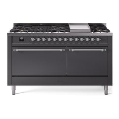 ILVE Nostalgie II 60 Inch Dual Fuel Range 9 Sealed Burners + Griddle, Solid Door - UP60FQNMP