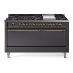 ILVE Nostalgie II 60 Inch Dual Fuel Range 9 Sealed Burners + Griddle, Solid Door - UP60FQNMP