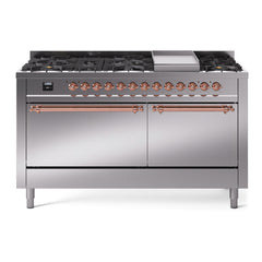 ILVE Nostalgie II 60 Inch Dual Fuel Range 9 Sealed Burners + Griddle, Solid Door - UP60FQNMP