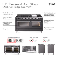 ILVE Professional Plus II 60 Inch Dual Fuel Range with 7 Sealed Burners, Griddle & French Top  - UP60FS