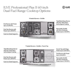 ILVE Professional Plus II 60 Inch Dual Fuel Range with 7 Sealed Burners, Griddle & French Top  - UP60FS