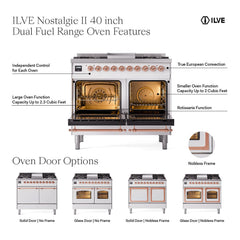 ILVE Nostalgie II 40 inch Dual Fuel Range with Double Ovens, 6 Burners and Griddle Triple Glass Door - UPD40FNMP