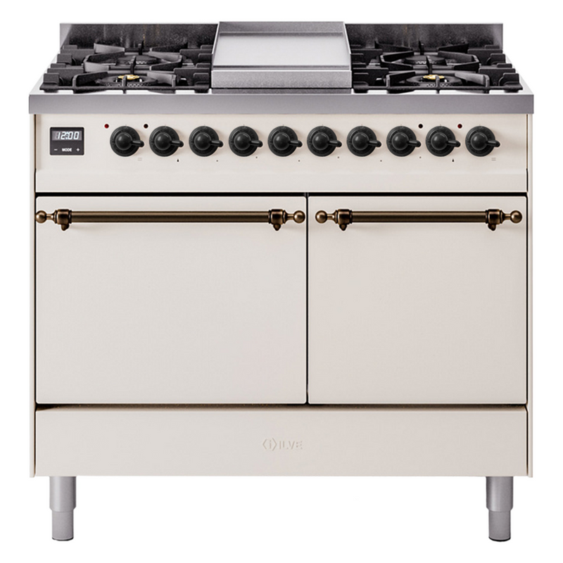 ILVE Nostalgie II 40 Inch Dual Fuel Range with Double Ovens, 6 Burners and Griddle  Solid Door - UPD40FQNMP