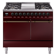 ILVE Nostalgie II 40 Inch Dual Fuel Range with Double Ovens, 6 Burners and Griddle  Solid Door - UPD40FQNMP
