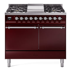 ILVE Nostalgie II 40 Inch Dual Fuel Range with Double Ovens, 6 Burners and Griddle  Solid Door - UPD40FQNMP
