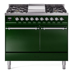 ILVE Nostalgie II 40 Inch Dual Fuel Range with Double Ovens, 6 Burners and Griddle  Solid Door - UPD40FQNMP
