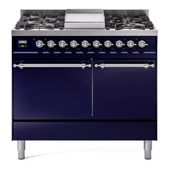 ILVE Nostalgie II 40 Inch Dual Fuel Range with Double Ovens, 6 Burners and Griddle  Solid Door - UPD40FQNMP