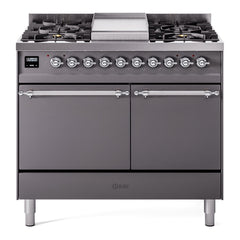 ILVE Nostalgie II 40 Inch Dual Fuel Range with Double Ovens, 6 Burners and Griddle  Solid Door - UPD40FQNMP