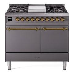 ILVE Nostalgie II 40 Inch Dual Fuel Range with Double Ovens, 6 Burners and Griddle  Solid Door - UPD40FQNMP