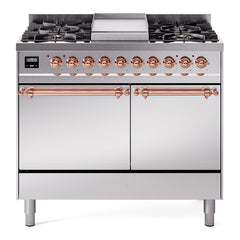 ILVE Nostalgie II 40 Inch Dual Fuel Range with Double Ovens, 6 Burners and Griddle  Solid Door - UPD40FQNMP