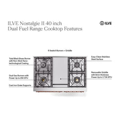ILVE Nostalgie II 40 Inch Dual Fuel Range with Double Ovens, 6 Burners and Griddle  Solid Door - UPD40FQNMP