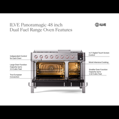 ILVE Panoramagic 48″ Dual Fuel Range with 8 Burners & Griddle, 5.02 cu. ft. - UPM12FDS3SS