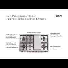 ILVE Panoramagic 48″ Dual Fuel Range with 8 Burners & Griddle, 5.02 cu. ft. - UPM12FDS3SS