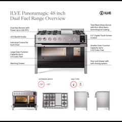 ILVE Panoramagic 48″ Dual Fuel Range with 8 Burners & Griddle, 5.02 cu. ft. - UPM12FDS3SS