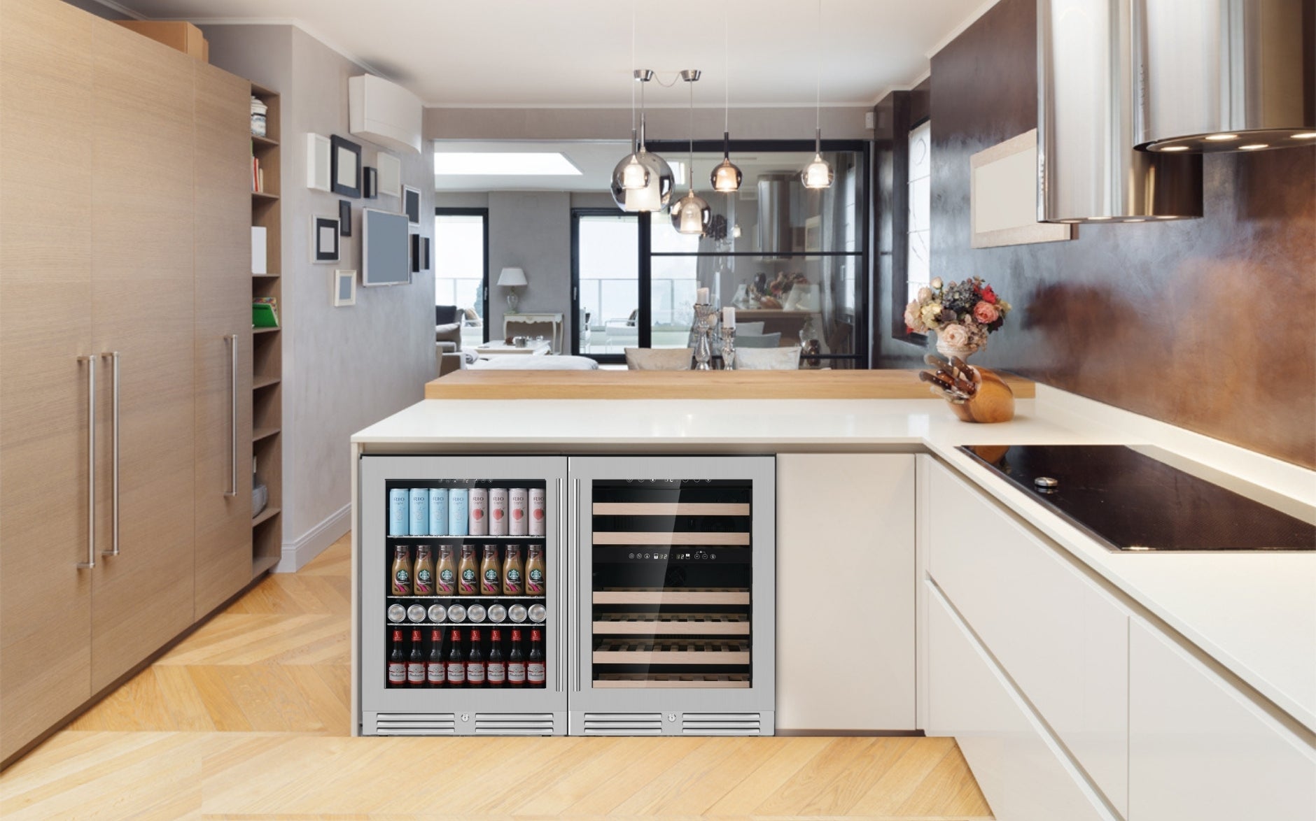 KingsBottle 48 inch Glass Door Wine and Beverage Fridge Center Built in