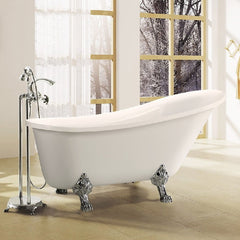 Vanity Art 68.9-Inch Freestanding Acrylic Clawfoot Bathtub with Polished Chrome Pop-Up Drain in White - B3102