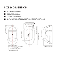 Vanity Art 59" Freestanding Acrylic Soaking Tub with Polished Overflow & Pop-Up Drain - B5151