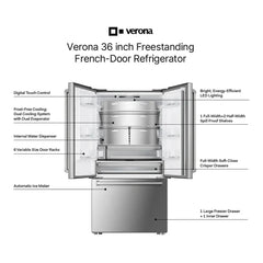 Verona 36 inch French Door Counter-Depth Refrigerator with 20.2 cu. ft. Total Capacity, Internal Water Dispenser, Automatic Ice Maker, Energy Star - VEBFD3620WIFS - The Home Selection