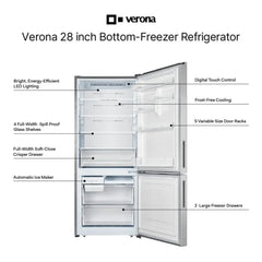 Verona 28 inch Bottom Freezer Refrigerator with 14.8 cu. ft. Total Capacity, Recessed Handle, Reversible Doors, Ice Maker, Energy Star - VEFBF2814RSL - The Home Selection