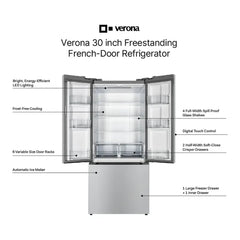 Verona 30 inch Freestanding French Door Refrigerator with 18.2 cu. ft. Capacity, Automatic Ice Maker, Recessed Handle - VEFFD3018RISL - The Home Selection