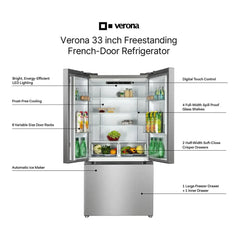 Verona 33 inch Freestanding French Door Refrigerator with 16.5 cu. ft. Capacity, Automatic Ice Maker, Recessed Handle - VEFFD3316RISL - The Home Selection