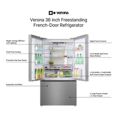 Verona 36 inch Freestanding French Door Refrigerator with 20.3 cu. ft. Capacity, Automatic Ice Maker, Recessed Handle - VEFFD3620RISL - The Home Selection