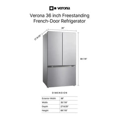 Verona 36 inch Freestanding French Door Refrigerator with 20.3 cu. ft. Capacity, Automatic Ice Maker, Recessed Handle - VEFFD3620RISL - The Home Selection