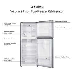 Verona 24 inch Top Freezer Refrigerator with 12 cu. ft. Total Capacity, Reversible Doors, Recessed Handle, Energy Star - VEFTF2412R - The Home Selection