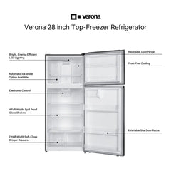 Verona 28 inch Top Freezer Refrigerator with 17.6 cu. ft. Total Capacity, Reversible Doors, Recessed Handle, Energy Star - VEFTF2817R - The Home Selection