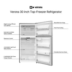 Verona 30 inch Top Freezer Refrigerator with 18.1 cu. ft. Total Capacity, Reversible Doors, Recessed Handle, Energy Star - VEFTF3018R - The Home Selection