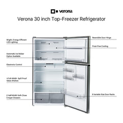 Verona 30 inch Top Freezer Refrigerator with 21 cu. ft. Total Capacity, Reversible Doors, Recessed Handle, Energy Star - VEFTF3021R