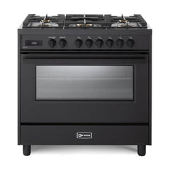 Verona 36" Ultima Midnight Collection Freestanding Dual Fuel Range with 5 Sealed SABAF Brass Burners, 5 cu. ft. Oven Capacity in Matte Black - VMFSGE365EE