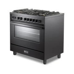 Verona 36" Ultima Midnight Collection Freestanding Dual Fuel Range with 5 Sealed SABAF Brass Burners, 5 cu. ft. Oven Capacity in Matte Black - VMFSGE365EE