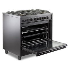 Verona 36" Ultima Midnight Collection Freestanding Dual Fuel Range with 5 Sealed SABAF Brass Burners, 5 cu. ft. Oven Capacity in Matte Black - VMFSGE365EE