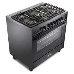 Verona 36" Ultima Midnight Collection Freestanding Dual Fuel Range with 5 Sealed SABAF Brass Burners, 5 cu. ft. Oven Capacity in Matte Black - VMFSGE365EE