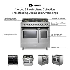 Verona 36 inch Ultima Collection Double Oven Gas Range with 5 Brass Burners, 4.1 cu. ft. Oven Total Capacity (Stainless Steel) - VUFSGG365DSS - The Home Selection