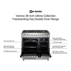 Verona 36 inch Ultima Collection Double Oven Gas Range with 5 Brass Burners, 4.1 cu. ft. Oven Total Capacity (Stainless Steel) - VUFSGG365DSS - The Home Selection